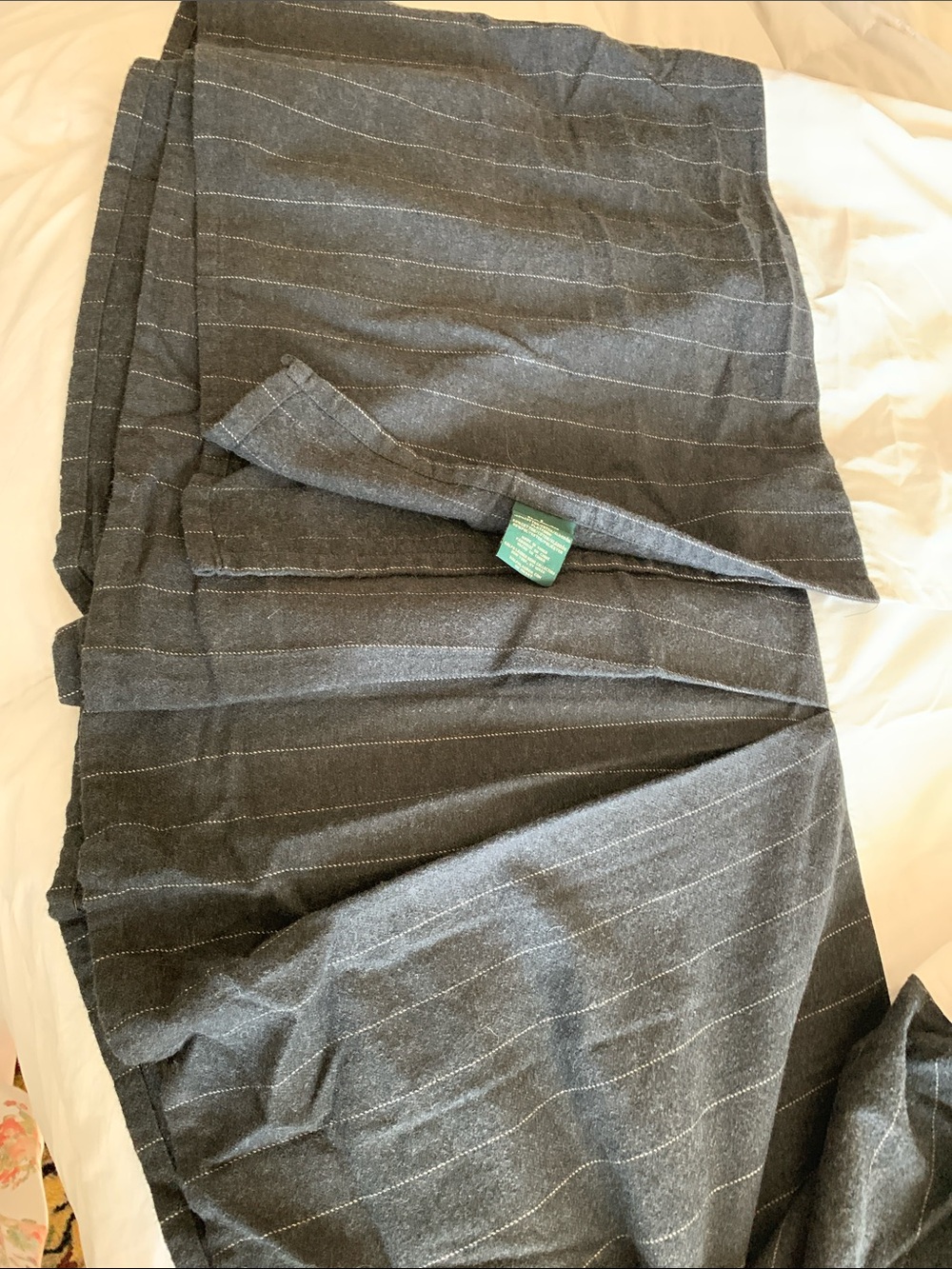 Vintage Ralph Lauren charcoal gray pinstripe cotton flannel Queen-size bedskirt